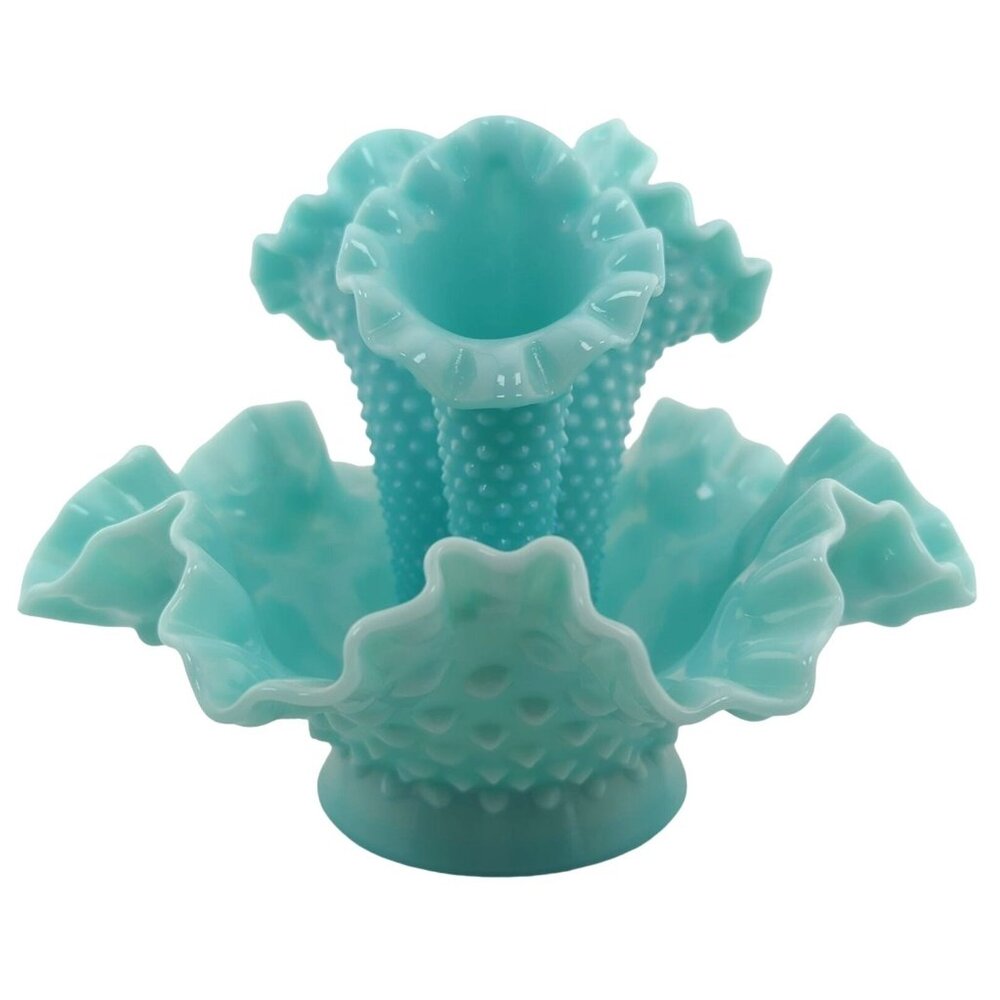 Fenton 3 Horn Epergne Aqua Blue Turquoise Milk Glass Hobnail 4 Pc Vase Vintage